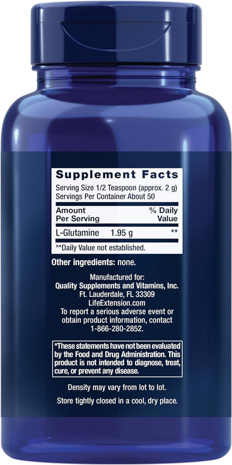 Life Extension L-Glutamine Powder, Amino Acid, Supports Muscle Health and Immune Health, Gluten-Free, Non-Gmo, Vegetarian, 100 Grams