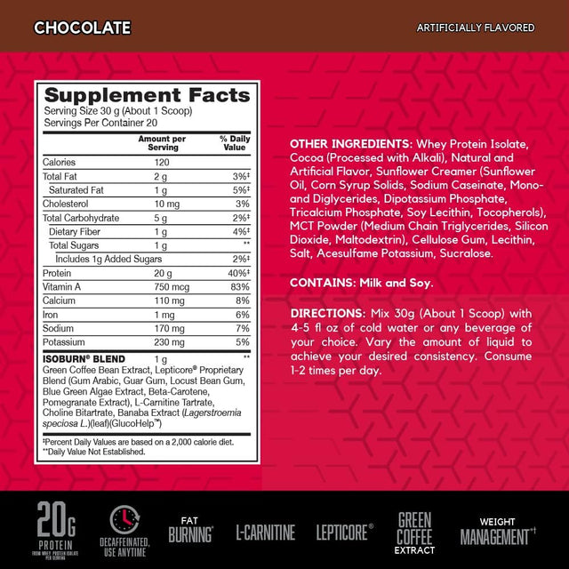 BSN ISOBURN, Lean Whey Protein Powder, Fat Burner for Weight Loss with L-Carnitine - Chocolate Milkshake, (20 Servings), 1.32 Pound (Pack of 1)