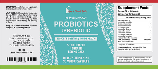 Lose a Pound Daily Platinum Vegan Probiotic and Delayed Release Prebiotic, 30 Veggie Capsules