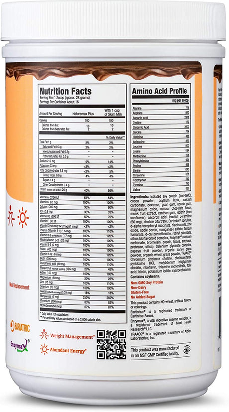 Maxi-Health Naturemax plus Energy Support Drink Soy Protein Powder - Sugar Free Diet Supplement - 20G Protein per Serving - Natural Chocolate Flavor - Kosher Vitamin - 1Lb