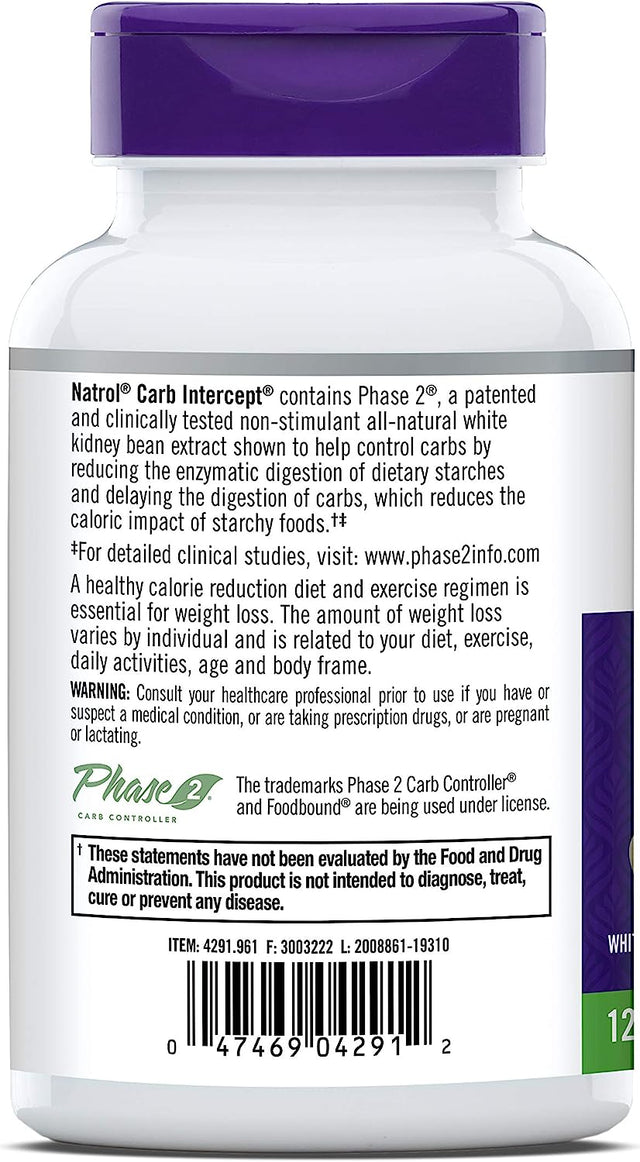 Natrol Carb Intercept Capsules with White Kidney Bean Extract - Controls Carbs, Metabolizes Fats, Clinically Tested - Promotes Healthy Weight, 1000Mg, 120 Count