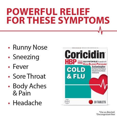 Coricidin HBP Cold & Flu Relief Tablets, High Blood Pressure, 20 Ct