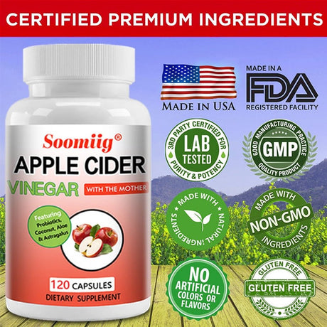 Soomiig Apple Cider Vinegar Capsules - 100% Organic Apple Cider Vinegar Pills - Natural Digestion, Immune Boosting Support and Cleansing Supplement with Probiotics