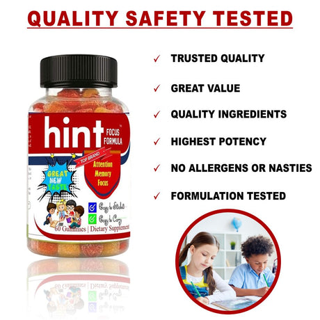 HINT Kids Brain Focus Gummies for Attention & Memory for Teens, Natural Vitamins with Omega DHA- 60 Ct