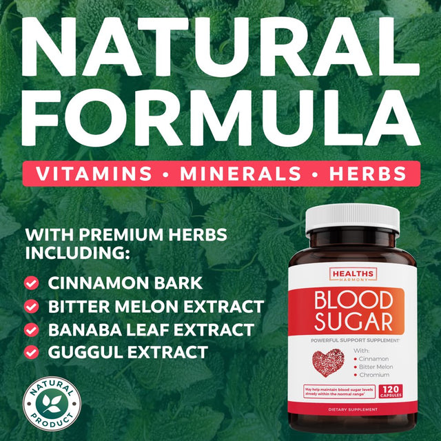 Healths Harmony Blood Sugar (120 Capsules) Helps Support Blood Glucose Levels Already in the Normal Range - Multi Vitamin, Mineral, and Herb Supplement