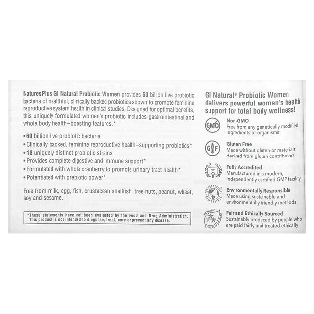 Naturesplus, GI Natural Probiotic Women, 60 Billion CFU, 30 Capsules