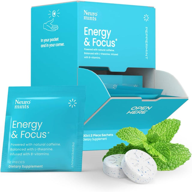 Neuromints Peppermint Caffeine Mints with L Theanine and Vitamin B6 B12 Energy and Brain Supplement Nootropic, 30 X 2 Pc Sachets = 60 Pieces