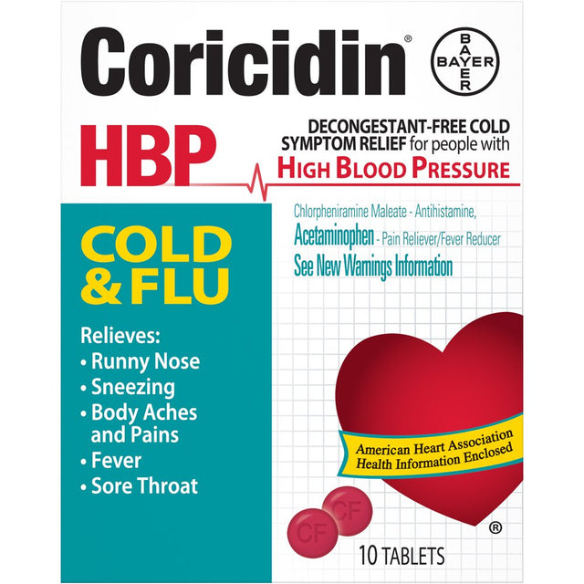 Coricidin HBP, Cold & Flu Relief Tablets, High Blood Pressure, 10 Count