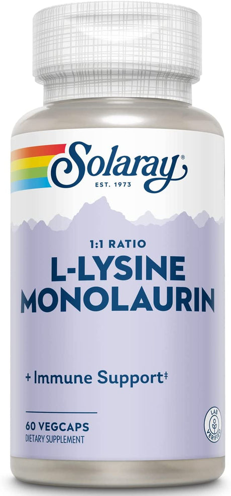 SOLARAY L-Lysine Monolaurin Immune Support Supplement, 1:1 Ratio for Immune System Function, Skin and Gut Health Support, 500 Mg Each, 60-Day Money Back Guarantee, 30 Servings, 60 Vegcaps