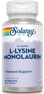 SOLARAY L-Lysine Monolaurin Immune Support Supplement, 1:1 Ratio for Immune System Function, Skin and Gut Health Support, 500 Mg Each, 60-Day Money Back Guarantee, 30 Servings, 60 Vegcaps