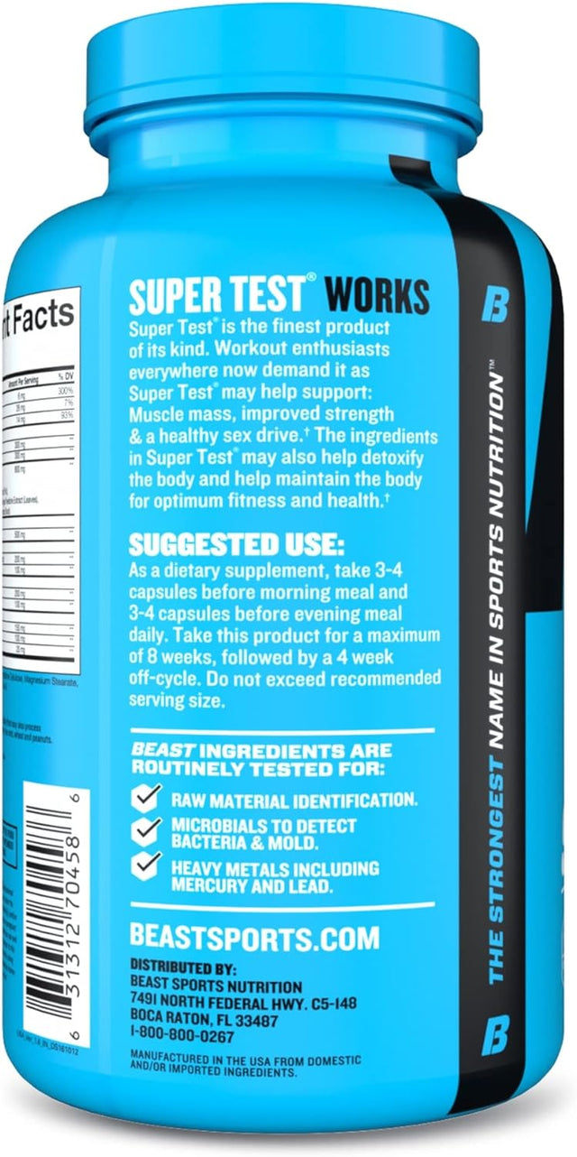 Beast Sports Nutrition Super Test - 180 Capsules - Boost Natural Testosterone Levels - Maximize Strength, Burn Body Fat, Faster Recovery & Increase Performance - 45 Servings