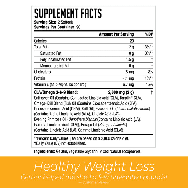 NDS Nutrition Censor - Fat Loss and Body Toner with CLA, Fish Oil, Safflower and Omega 3-6-9 Blend - Dietary Supplement for Improved Energy, Metabolism and Health (90 Softgels)