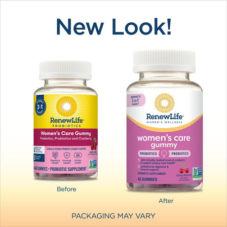 Renew Life Women'S Care Cherry Prebiotic and Probiotic Supplement Gummies, Vegan, 2 Billion CFU, 48 Gummies