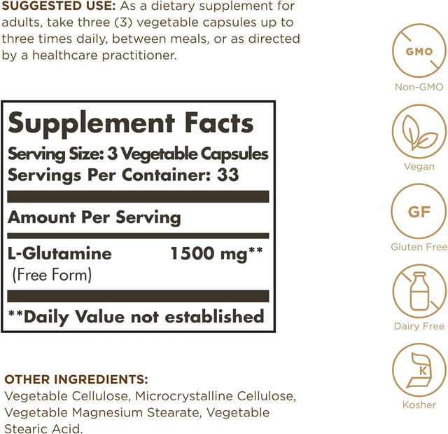 Solgar L-Glutamine 500 Mg - 100 Vegetable Capsules - Natural Muscle Food - Non-Gmo, Vegan, Gluten Free, Dairy Free, Kosher - 33 Servings
