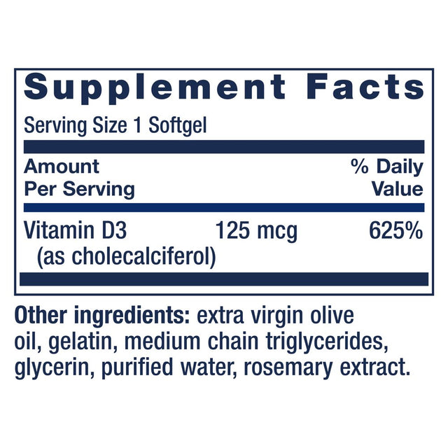 Life Extension Vitamin D3 125 Mcg (5000 IU), Bone Health, Brain Performance, Immune System Support, Gluten-Free, Non-Gmo, Once Daily, Two-Month Supply, 60 Softgels