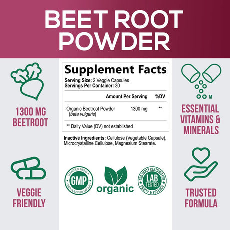 Beet Root Powder Capsules - Supports Athletic Performance, Digestive Health, Immune System - Nature'S Beet Root Extract Supplement 1300Mg per Serving - Vegan, Gluten Free, Non-Gmo - 60 Capsules