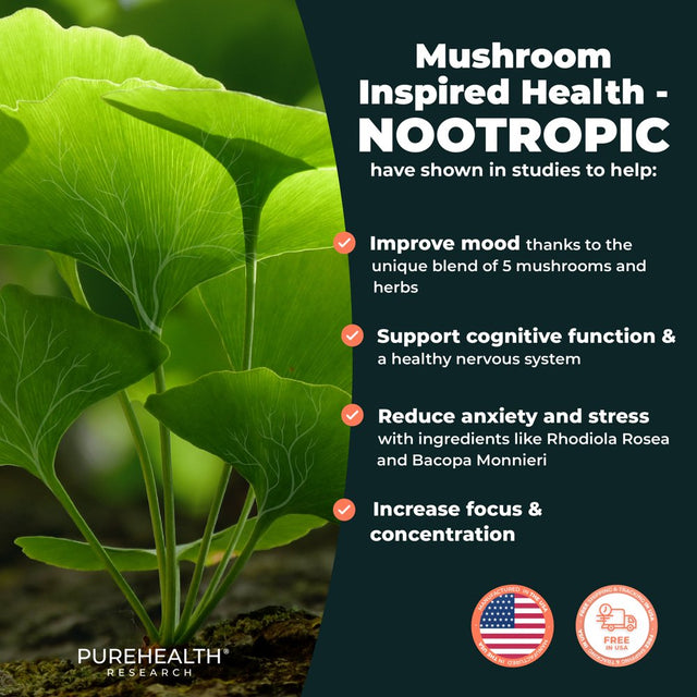 Nootropics Brain Support Supplement, Lions Mane, Shiitake, Chaga, Reishi Mushroom Powder - Enhance Memory and Improve Cognitive Health by Purehealth Research