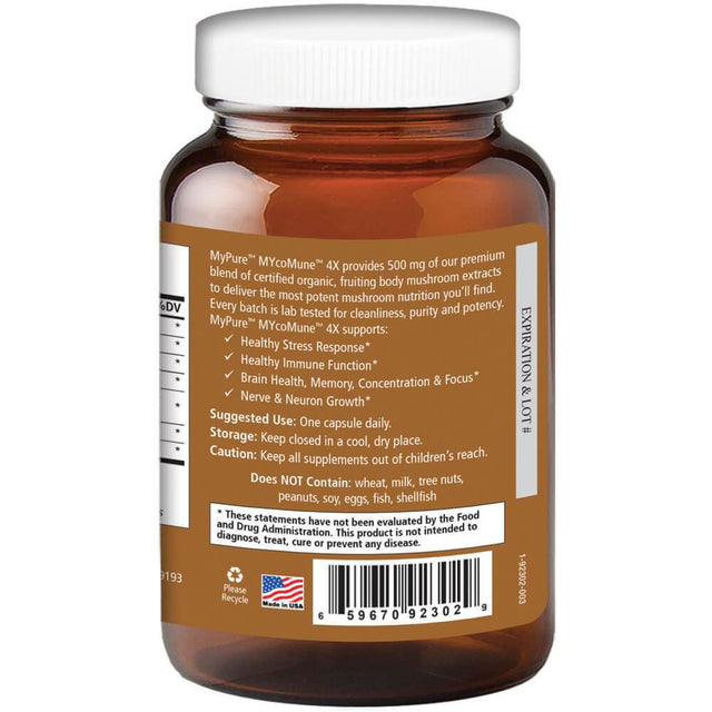 Mycomune 4X Immune Support Supplement - Organic Mushrooms Reishi, Lion'S Mane, Cordyceps, Chaga, Shiitake, Maitake for Stress, Energy and Brain by Pure Essence- 60 Caps
