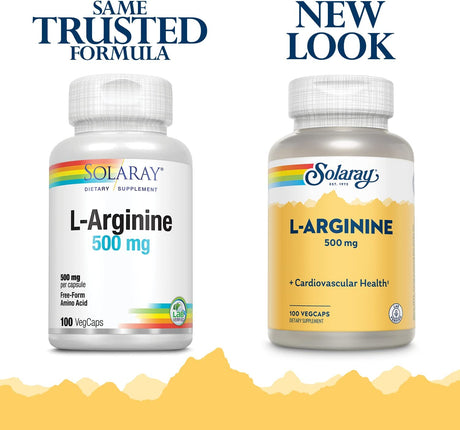SOLARAY L-Arginine 500 Mg, Nitric Oxide Supplement, Endurance, Energy, Heart Health Support, 100 Servings, 100 Vegcaps