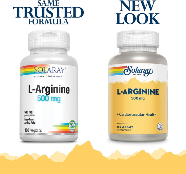 SOLARAY L-Arginine 500 Mg, Nitric Oxide Supplement, Endurance, Energy, Heart Health Support, 100 Servings, 100 Vegcaps