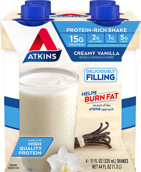 Atkins Gluten Free Protein-Rich Shake, Creamy/French Vanilla, Keto Friendly, (Packaging May Vary) , 11 Fl Oz (Pack of 4)