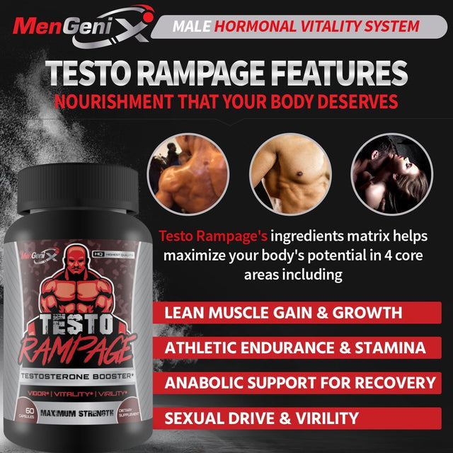 Mengenix Testo Rampage - Maximum Strength Testosterone Booster - Aids in Strength, Stamina, Energy, and Performance