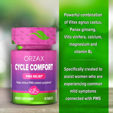 ORZAX Cycle Comfort - Natural Herbal Hormonal Support for PMS - Hormone Balance for Women - Period Support for Cramps - Promotes Positive Mood - 30 Tablets