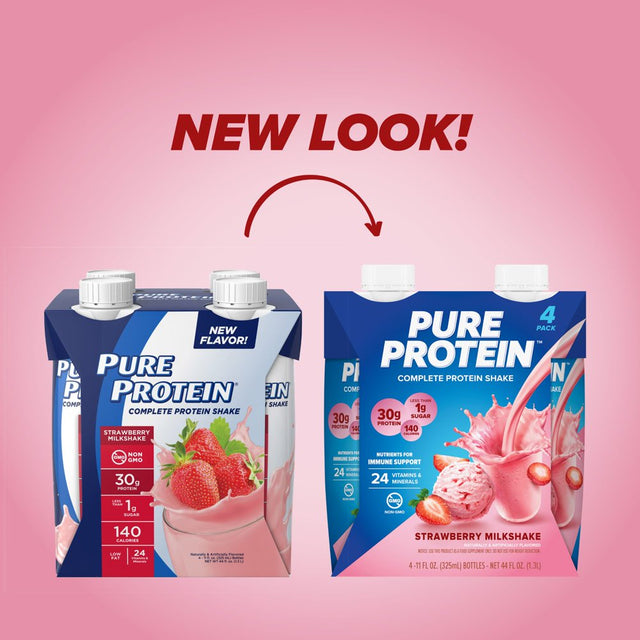 Pure Protein Strawberry Milkshake Complete Protein Shake, Gluten Free, 11 Fl Oz, 4 Ct