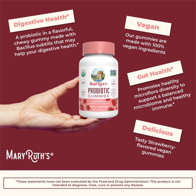 Maryruth'S | USDA Organic Adult Probiotic Gummies for Men & Women | 5 Billion CFU | Digestive & Gut Health Supplement | Strawberry | Vegan, Non-Gmo | 60 Count