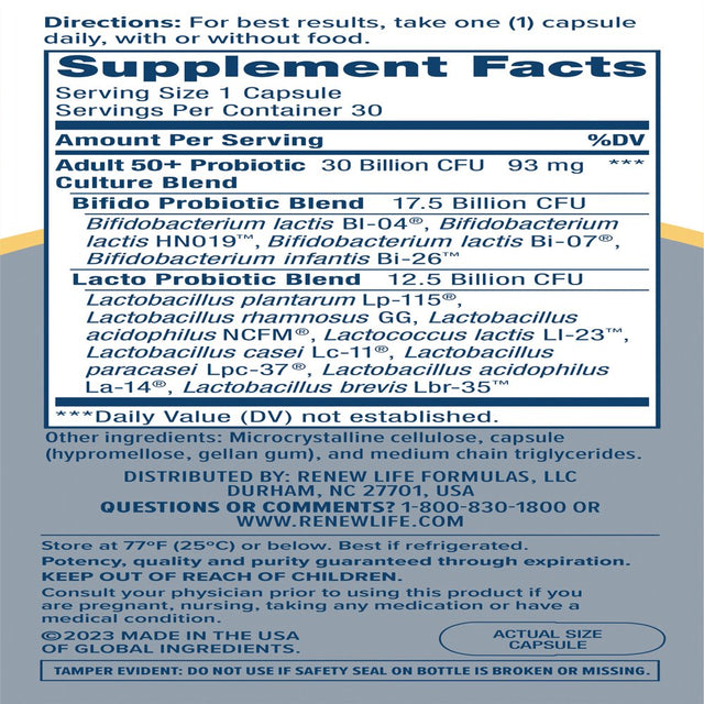 Renew Life Adult 50+ Probiotic Supplement, 25 Billion CFU, 30 Capsules