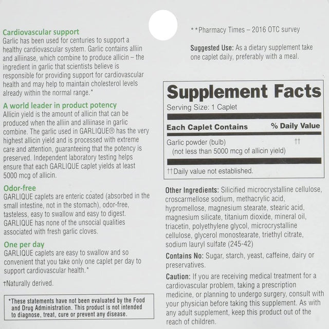 Garlique Dietary Supplement, 60 Caplets