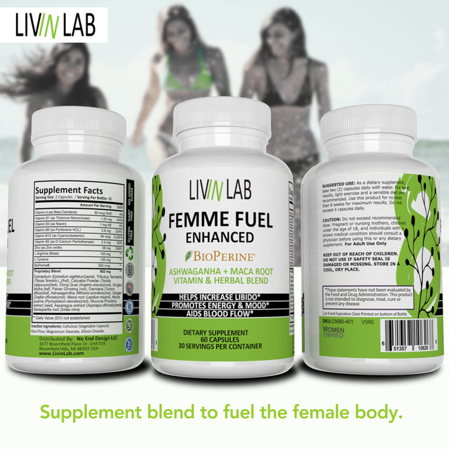 Livin Lab Femme Fuel Enhanced | Improve Blood Circulation | Burn Fat | Increase Energy | US Made | 60 Veggies Caps