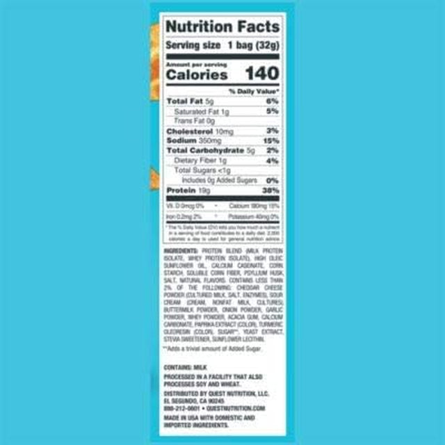 Quest Nutrition Cheddar & Sour Cream Protein Chips, Low Carb, Gluten Free, Potato Free, Baked, Pack of 8