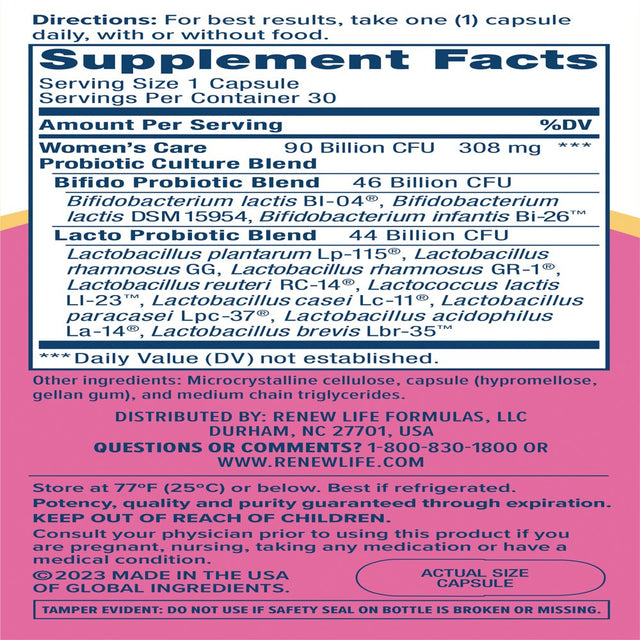 Renew Life Women'S Probiotic Supplement, 30 Vegetarian Capsules, 90 Billion CFU