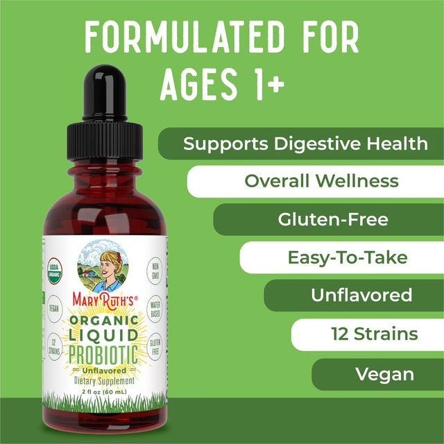 Maryruth Organics | Organic Liquid Probiotic for Adults & Kids | Vegan, Non-Gmo | Unflavored with Acidophilus | 2 Fl Oz
