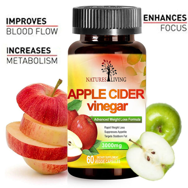 Natures Living Apple Cider Vinegar 3000Mg 60 Veggie Caps Dietary Supplements Lower Blood Sugar