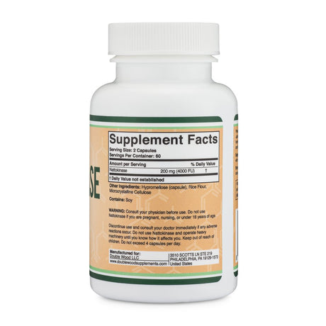 Nattokinase Supplement 4,000 FU Servings, 120 Capsules (Derived from Japanese Natto) for Cardiovascular and Blood Circulation Support by Double Wood Supplements