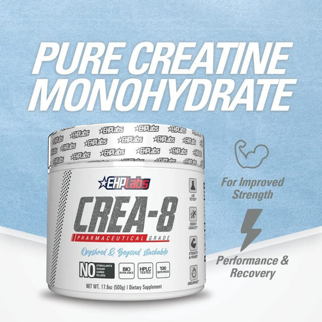 Ehplabs CREA-8 Creatine Monohydrate Powder - Creatine Powder for Building Lean Muscle Mass, Improves Strength & Power, Supports Brain Health - 100 Servings (500G)