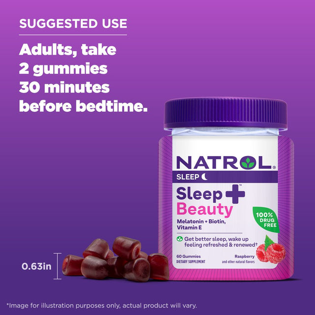Natrol Sleep+ Beauty Gummies, Skin, Hair, Nails Support, Raspberry, 60 Count