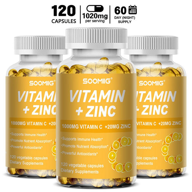 SOOMIIG Vitamin 1000Mg + Zinc 20Mg Supplement, 2-In-1 Antioxidant Formula, Immunity Enhancement, Collagen Production & Skin Health Support