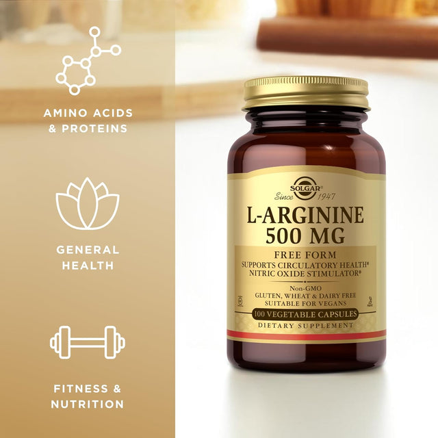SOLGAR L-Arginine 500 Mg - 100 Vegetable Capsules, Pack of 2 - Nitric Oxide Stimulator - Non-Gmo, Vegan, Gluten Free, Dairy Free, Kosher - 200 Total Servings