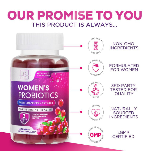 Probiotics for Women + Cranberry - 3 Billion CFU Guaranteed & 6 Vegan Strains for Women'S Vaginal, Digestive, Ph & Immune Health Support, Womens Probiotic Gummy, Shelf Stable, No Gluten - 60 Gummies