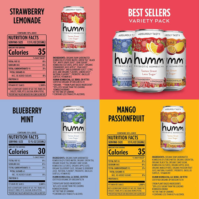 Probiotic Kombucha Best Sellers Variety 12 Pack - Organic, 2 Billion Probiotics for Gut Health - Mango Passionfruit, Blueberry Mint and Strawberry Lemonade