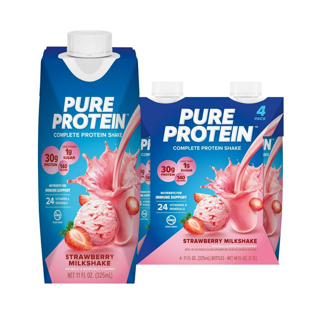 Pure Protein Strawberry Milkshake Complete Protein Shake, Gluten Free, 11 Fl Oz, 4 Ct