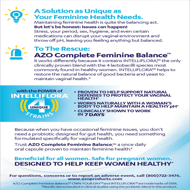 AZO Complete Feminine Balance Daily Probiotics for Women, Clinically Proven, Support Vaginal Health, Non-Gmo, 30 Count