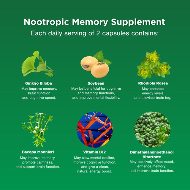 Nootropic Memory Supplement for Brain Support - Memory Pills for Brain Boost and Natural Energy Booster - Vitamin B 12 Bacopa Monnieri Rhodiola Rosea DMAE Ginkgo Biloba Phosphatidylserine Supplement