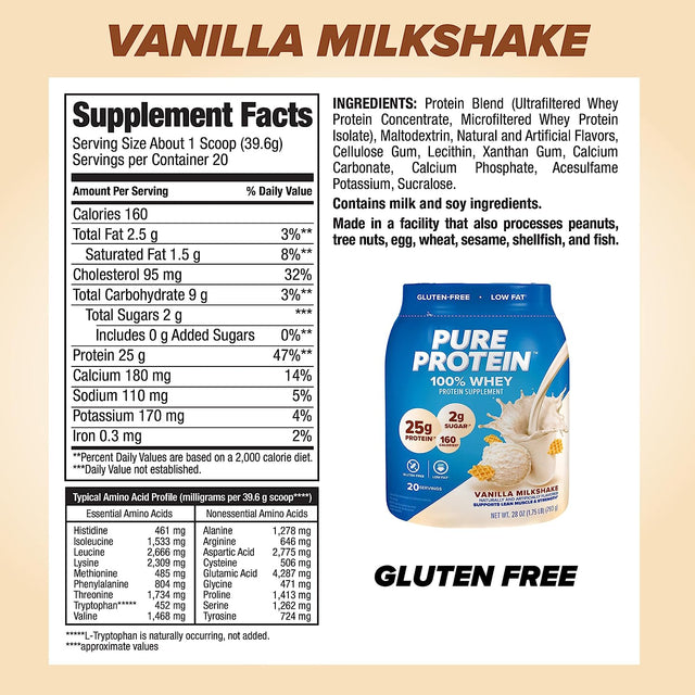 Pure Protein Powder - Whey, High Protein, Low Sugar, Gluten-Free, Vanilla Cream Flavor - 1 Lb (Packaging May Vary)