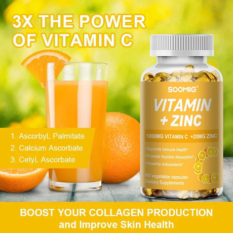 SOOMIIG Vitamin 1000Mg + Zinc 20Mg Supplement, 2-In-1 Antioxidant Formula, Immunity Enhancement, Collagen Production & Skin Health Support
