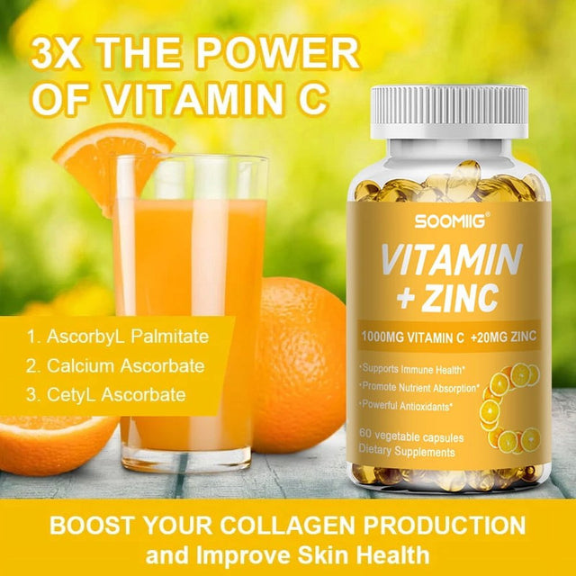 SOOMIIG Vitamin 1000Mg + Zinc 20Mg Supplement, 2-In-1 Antioxidant Formula, Immunity Enhancement, Collagen Production & Skin Health Support