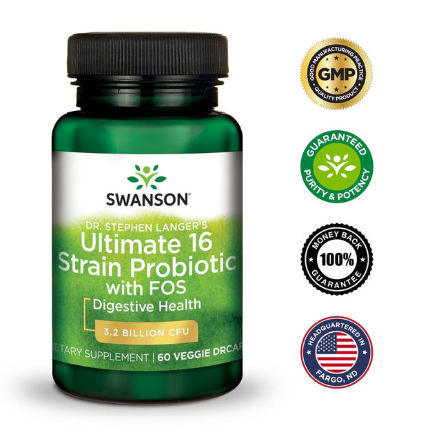 Swanson Dr. Stephen Langer'S Ultimate 16 Strain Probiotic with Prebiotic Fos Vegetable Capsules, 3.2 Billion Cfu, 60 Count